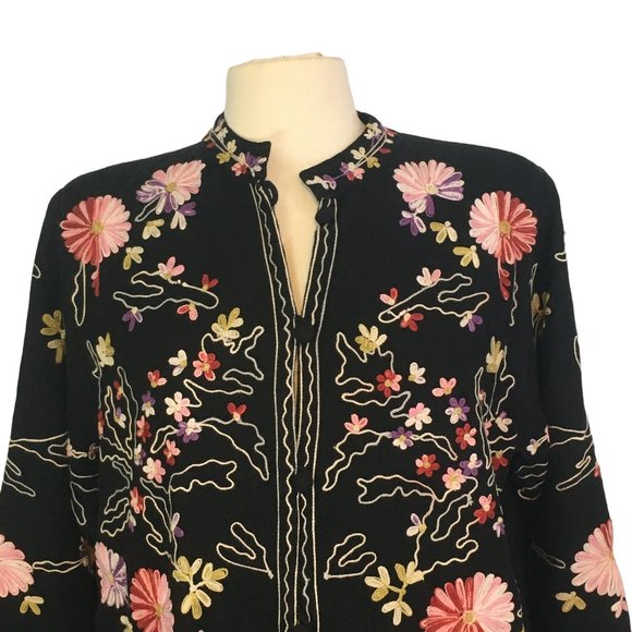 Boston Proper Black Floral Embroidered Sweater Jacket, Blazer, Mandarin Collar M - Picture 2 of 9